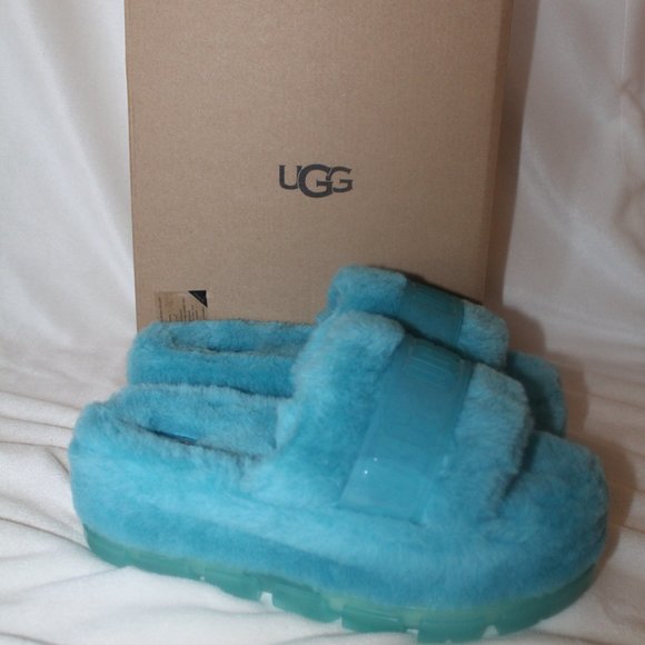 NIB UGG WOMEN'S FLUFFITA SHEARLING PLATFORM SLIPPER SANDALS BLUE - Picture 2 of 7